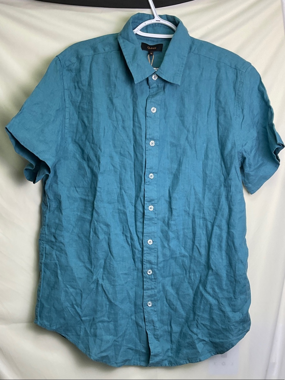 Quince Teal Blue 100% Linen Short-Sleeve Button-Down Shirt